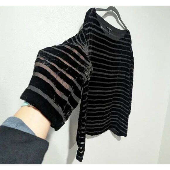 Eileen Fisher Top Womens XL Black Velvet Stripe Boxy Long Sleeve Staple Burnout - Picture 4 of 9